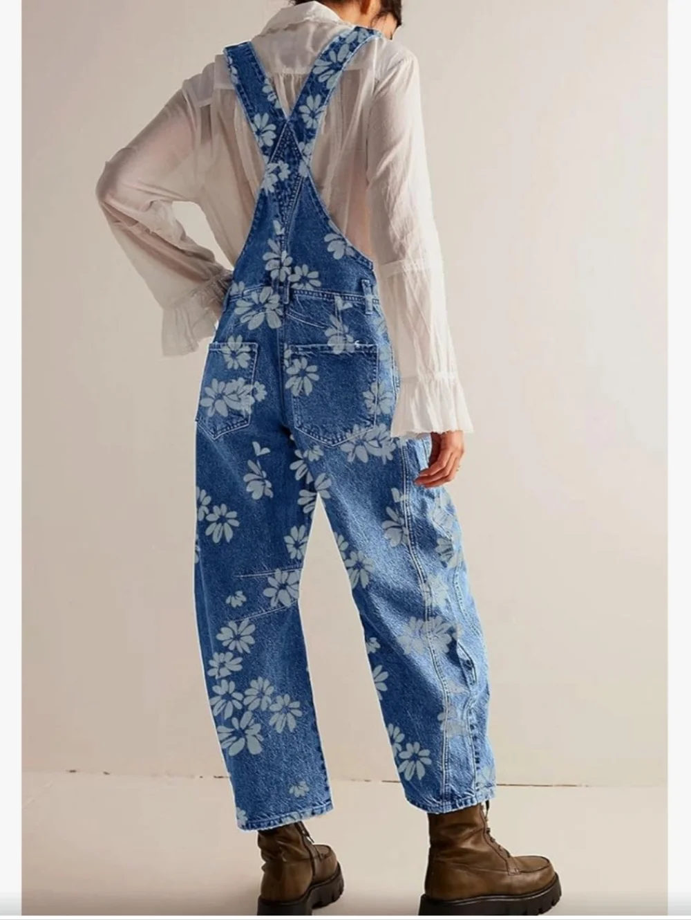 Women's Blue Floral Denim Bib Overalls - Barrel Leg - Picture 2 of 8
